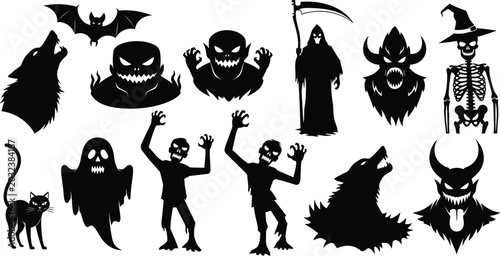 Bilde på lerret Halloween Horror Silhouette Vector Collection with Grim Reaper, Ghosts, Zombies,