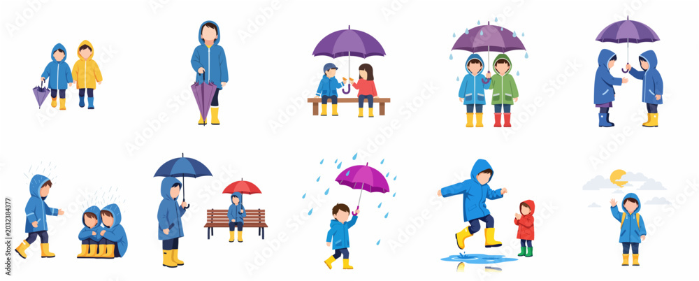 Fototapeta premium Vector Illustration Set of Kids in Raincoats and Boots Playing in the Rain with Umbrellas and Puddles