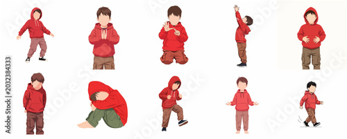 Foto Set of illustrations of a little boy in a red hoodie with various poses and gest