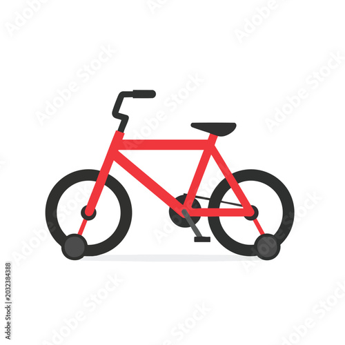 A red child bicycle with training wheels isolated on a white background.