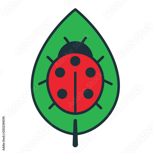 Minimalist flat vector icon of a ladybug on a green leaf.