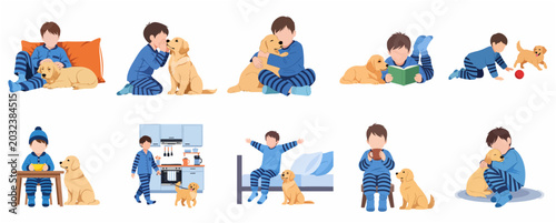 Photos Vector illustration set of a young boy in pajamas and his golden retriever puppy experiencing daily life activities together, from waking up to playtime and bedtime stories