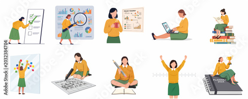 Set of flat vector illustrations featuring a professional woman managing tasks, analyzing data, and achieving success in a modern workspace.