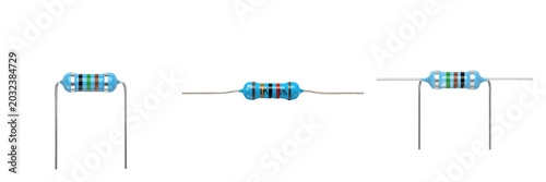 Foto Metal film resistor electronic hardware component specimen showcasing solid state physical morphology traits, microelectronics electrical network topology parameters, architectural circuit schematic