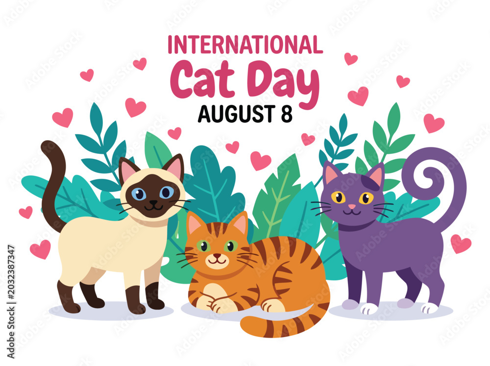 Fototapeta premium Cute Domestic Cats Celebrating International Cat Day on August 8 with Hearts and Tropical Leaves Flat Vector Illustration for Pet Marketing