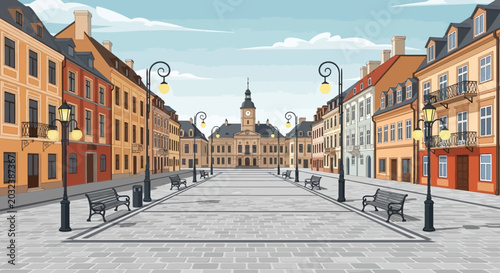 Foto European Town Square, Historic Buildings, Cobblestone Plaza, Daylight Scene