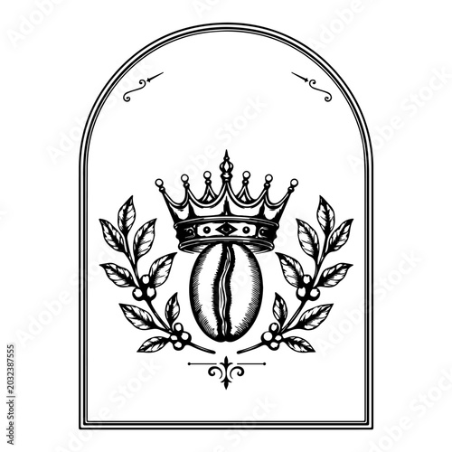 Royal Coffee Shop Emblem with Crown and Leaves