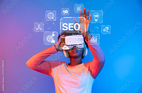 фотографія A captivating image capturing a person immersed in a virtual reality experience, exploring SEO concepts to enhance their digital marketing strategies
