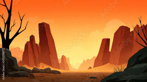 Desert landscape with rocky plateau, dry grass, barren tree, orange sky, and distant silhouettes