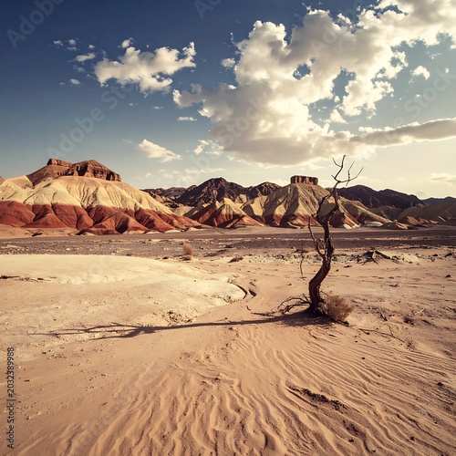 Desert landscape with dry tree sand.