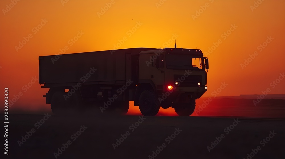 Fototapeta premium Silhouette of a heavy military tactical cargo truck driving through a dusty desert road during a dramatic orange sunset sky logistics defense concept