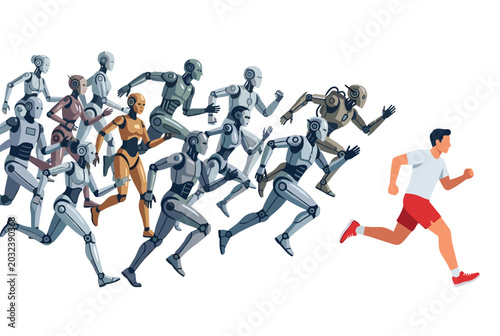 Slika na platnu Human male athletic young running chased robots humanoid futuristic