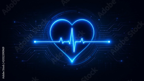 Glowing Digital Heart with ECG Pulse on Futuristic Circuit Background