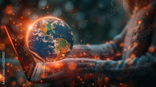 Woman's hand with Earth emerging from laptop in art collage