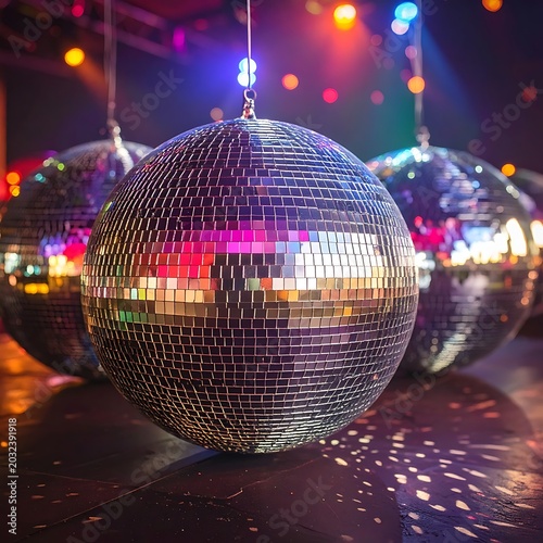 Disco balls hanging in nightclub interior.