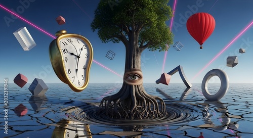A surreal dreamscape where time bends and nature's wisdom resides, inviting contemplation on existence and the unfolding journey of discovery amidst floating realities