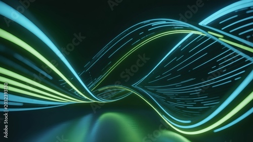 Abstract Glowing Fiber Optic Waves Flowing in Dark Digital Space for High Speed Data Technology Concept
