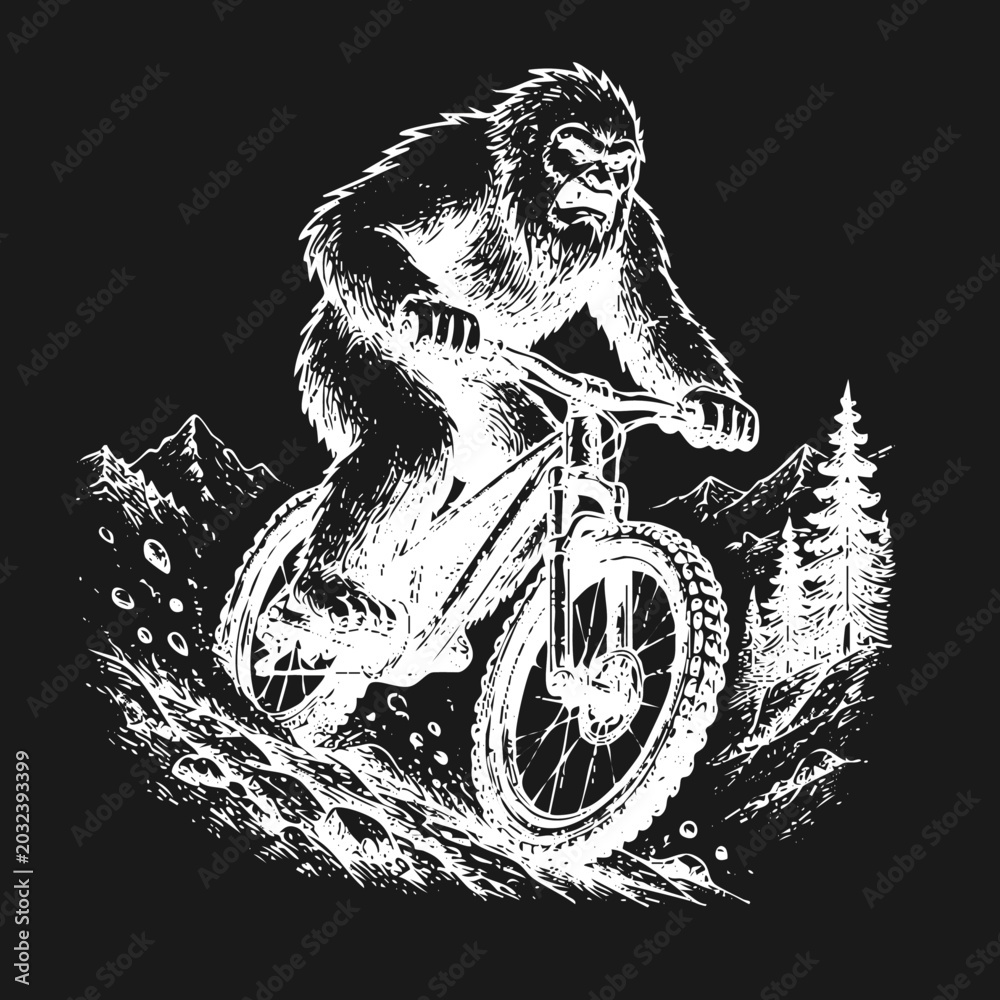 Fototapeta premium Bigfoot Mountain Biker Illustration. Sasquatch riding an off-road bicycle through a forest mountain landscape, distressed monochrome graphic art.