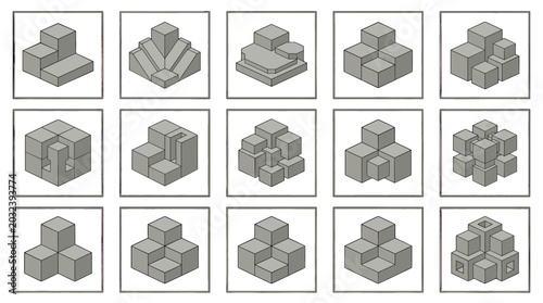 Foto Collection of 16 isometric 3d cubes with different arrangements
