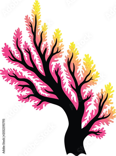 Schilderij op canvas Abstract Pink and Yellow Coral Tree Silhouette Isolated on White Background