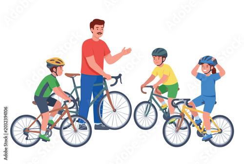 Foto Family cycling outing father children helmets coaching biking learning illustrator cartoon