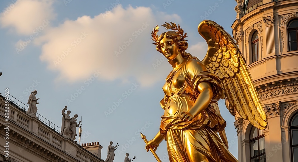 Obraz premium Golden winged statue against cloudy sky architectural elements