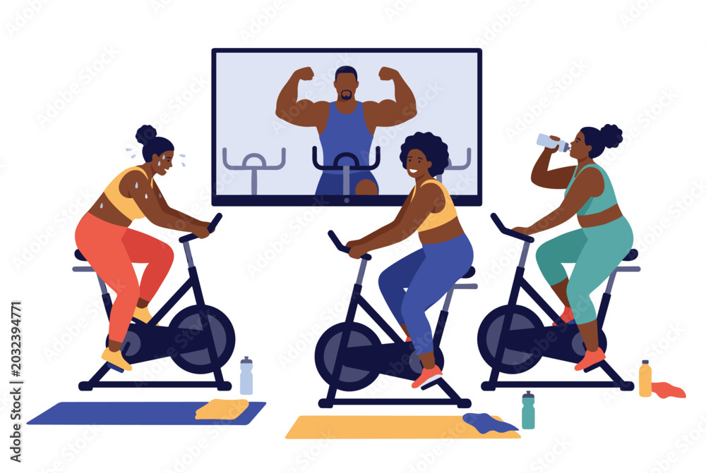 Fototapeta premium Fitness group indoor cycling stationary bikes virtual instructor participants exercise active training session women workout class gym interaction motivation vector illustration.