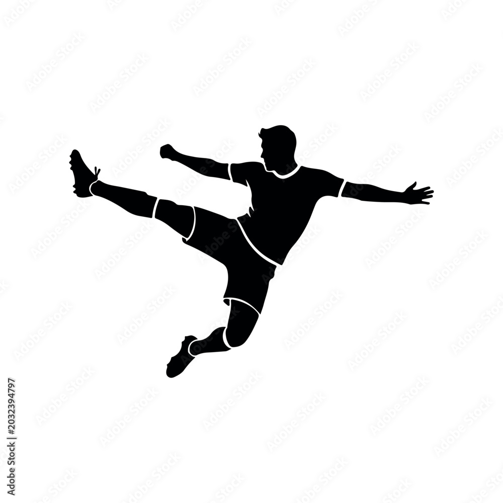 Obraz premium Dynamic Football Player Air Kick Action Silhouette Vector