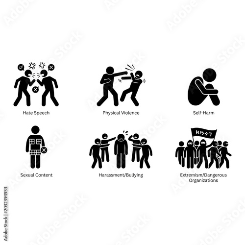 фотографія 6 Social Issue silhouette icons, solid black style, social problems category