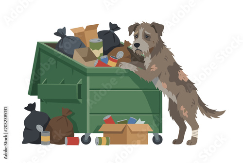 Tableau sur toile Homeless dog scavenging garbage dumpster junkyard waste containers cans searching food distressed sad desperate situation survival urban street problem