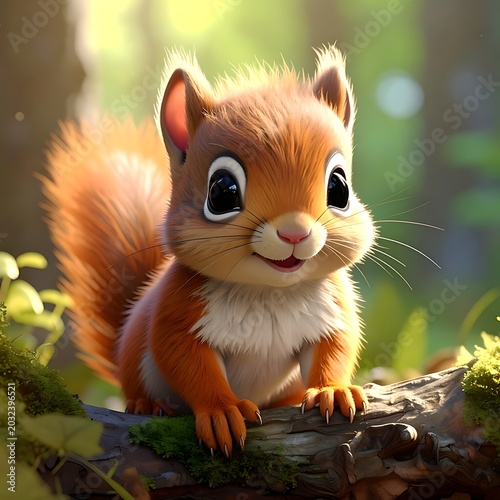 A cute cartoon squirrel with big eyes on a tree