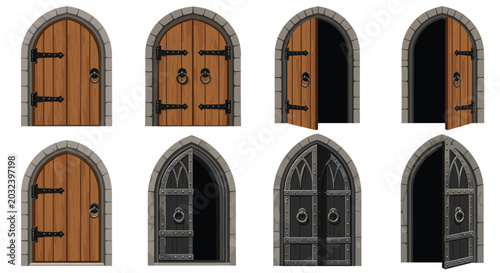 Set of medieval style castle doors set in stone arches with variations of wood and iron designs both open and closed.