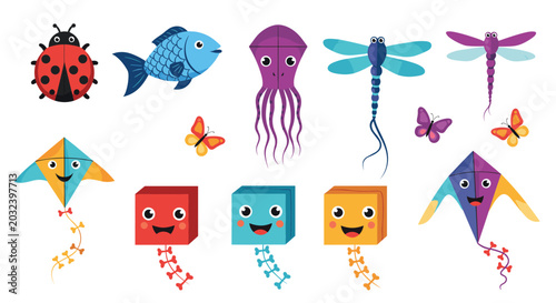 Playful collection of colorful kites in shapes like fish, insects, and geometric blocks with tails and happy faces.