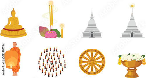 Photos Buddhist Spiritual Icon Collection with Buddha Statue, Monk, Temple, Dharma Whee