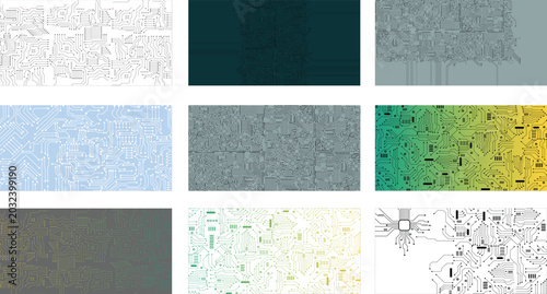 Bild auf Leinwand Collection of Flat Microelectronics Circuits board background.