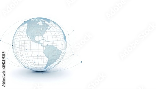 Abstract translucent light blue sphere made of interconnected dots and lines resembling a data globe digital world or network system on a clean white background with abstract translucent connection