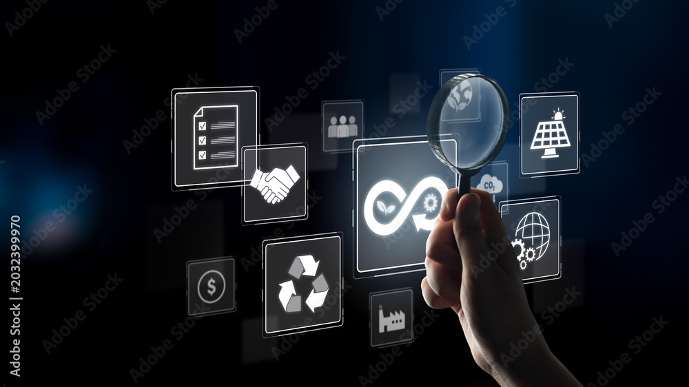 Obraz premium Circular economy supports sustainable development. Circular economy reduces waste, circular economy promotes reuse, circular economy boosts efficiency, and drives innovation. Latch