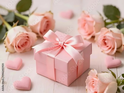 Pink gift box with satin ribbon surrounded by roses and hearts