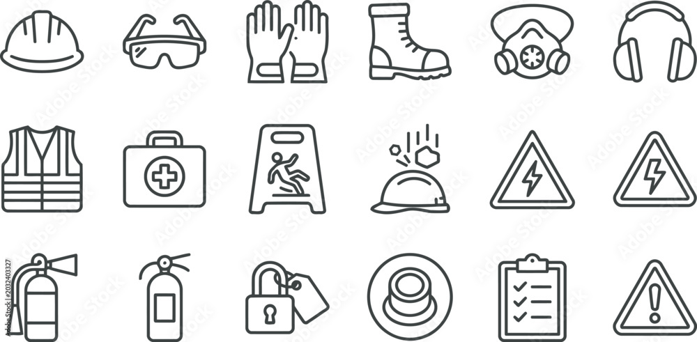 Fototapeta premium Collection of safety and protective equipment icons for workplace and safety signs