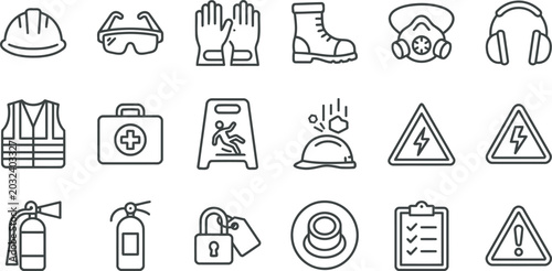 Photos Collection of safety and protective equipment icons for workplace and safety sig