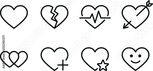 Photos Collection of eight minimalistic black line heart icons with various designs
