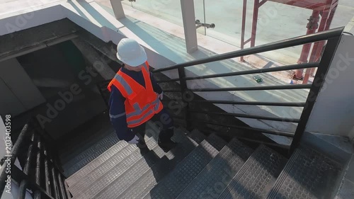 Industrial Worker Ascending Staircase in Modern Infrastructure Facility