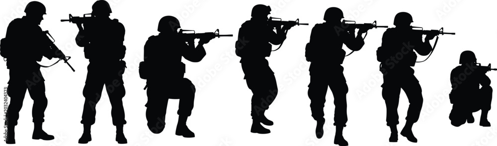 Fototapeta premium Military soldier silhouette collection with armed combat tactical poses and army personnel isolated on light background
