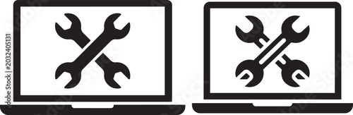 Computer repair icon silhouette, laptop with wrenches vector