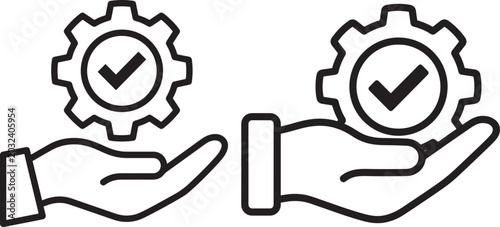 Hand holding gear with check mark icon symbol