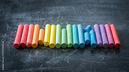 A row of colorful chalk pastels rests on a dark, textured surface. The pastel sticks display a rainbow of hues, including red, orange, yellow, green, blue, indigo, and violet.