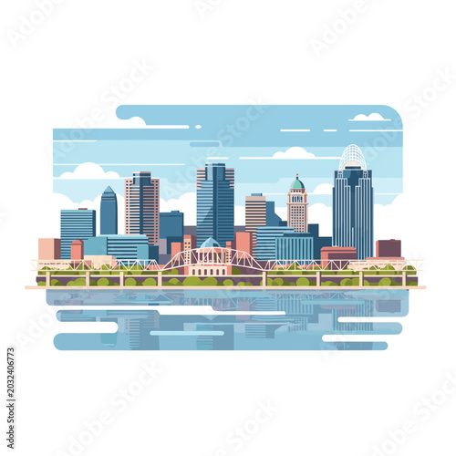 Modern Flat Cincinnati Skyline Illustration with Water
