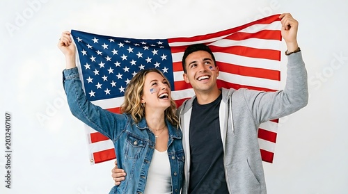 Happy Young Couple Celebrating USA Independence Day with American Flag