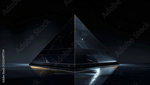 Futuristic glass pyramid structure in dark space with reflective surface