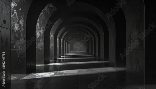 Dark tunnel with arches and stairs leading to distance